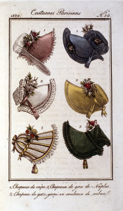 Modalità di restauro: diversi modelli di cappelli per donne in crêpe, garza, velluto. Incisione del 1820 da French School