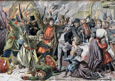 Rivoluzione del 1905 - Contadini russi in rivolta che invadono una casa di campagna. Illustrazione per Le petit Journal, 2 aprile 1905 da French School