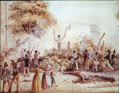 Rivoluzione di luglio a Parigi - Barricata in Boulevard Saint Martin il 1° agosto (acquerello, c.1830) da French School