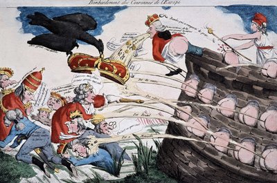 Guide rivoluzionarie di Marianne che bombardano i sovrani europei con i loro escrementi. Cartone animato pubblicato durante il periodo della Rivoluzione Francese. Incisione. 1792. Museo Carnavalet da French School