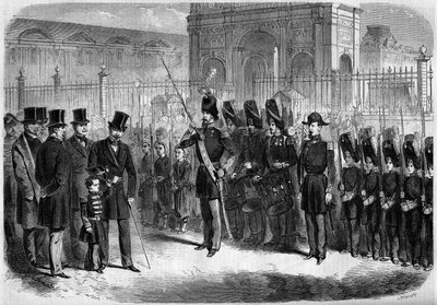 Rassegna dei pupilli della guardia imperiale da parte del Principe Imperiale, Napoleone Eugenio Luigi Giovanni Giuseppe Bonaparte (1856-1879), figlio di Napoleone III, 15 febbraio da French School