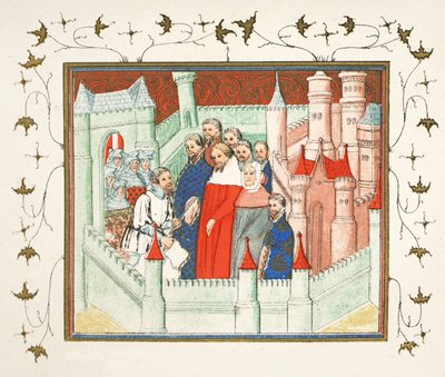 Riccardo II al castello di Flint dove fu consegnato prigioniero a Bolingbroke, suo rivale al trono, copia facsimile da Le Prinse et Mort du Roy Richart di Jean Creton, ristampa XIX secolo (colore) da French School