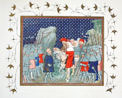 Riccardo II tradito a Penmaur Rhos e fatto prigioniero dal duca di Northumberland, copia facsimile da Le Prinse et Mort du Roy Richart di Jean Creton, ristampa XIX secolo da French School