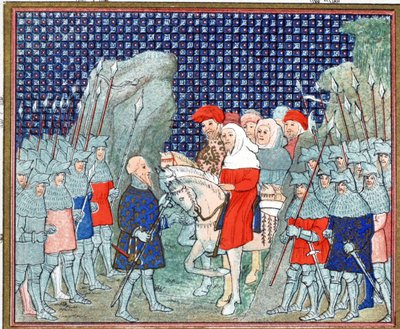 Riccardo II tradito a Penmaur Rhos e fatto prigioniero dal duca di Northumberland, copia facsimile da Le Prinse et Mort du Roy Richart di Jean Creton, ristampa XIX secolo da French School
