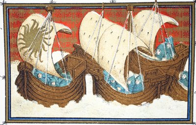 Riccardo II e la sua flotta sbarcano a Milford Haven, copia facsimile da Le Prinse et Mort du Roy Richart di Jean Creton, ristampa XIX secolo da French School