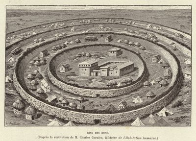 Ring des Huns. Fortificazioni a forma di anello che proteggono un insediamento degli Unni (incisione) da French School