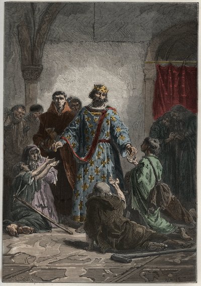 Roberto II il Pio, re capetingio di Francia, aveva un sentimento di benevolenza per i deboli e i poveri - incisione da 