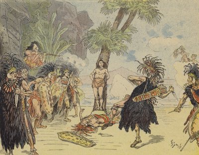 Robinson Crusoe che uccide il capo cannibale e salva la vita di Venerdì (litografia a colori) da French School