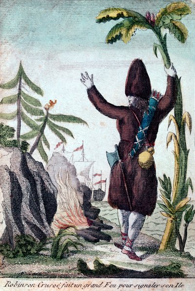 Robinson Crusoe accende un fuoco per attirare l