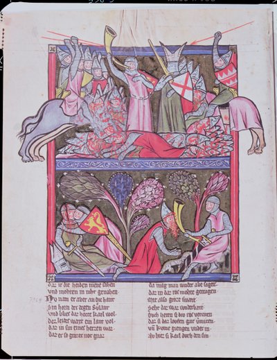 Rolando suona il corno a Roncevaux, illustrazione da Le Chanson de Roland, copia di un manoscritto originale conservato a Saint-Gall in Svizzera da French School
