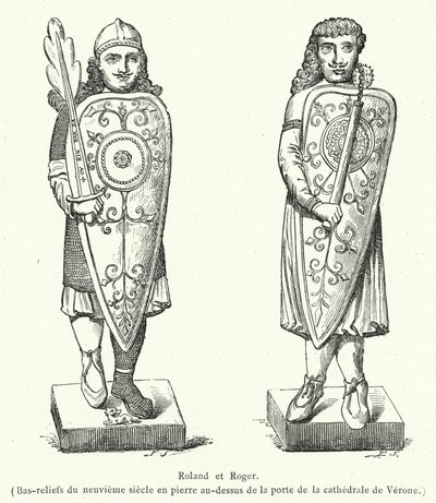 Roland e Roger, Bassorilievi del IX secolo in pietra sopra la porta della cattedrale di Verona (incisione) da French School