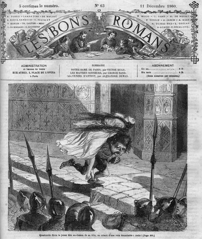 Romanzo a puntate: “Notre Dame de Paris” di Victor Hugo (1802-1885). Quasimodo ed Esmeralda. Incisione in “Les bons romances” da French School