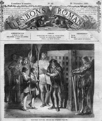 Romanzo a puntate: "Notre Dame de Paris" di Victor Hugo (1802-1885). Il re ispeziona la gabbia. Incisione in "Les bons romances" da French School