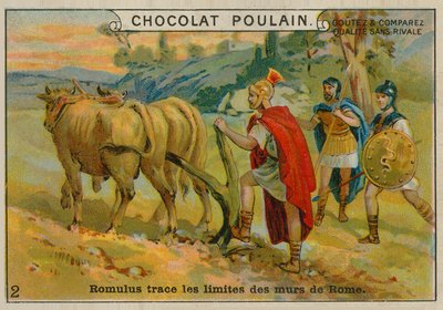 Romolo traccia i confini di Roma, carta commerciale Chocolat Poulain da French School