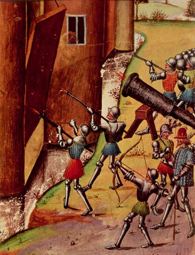 Soldati armati di cannoni a mano che assediano un castello, da Quinte Curse Ruffe des Fais du Grant Alexandre, c.1468 da French School