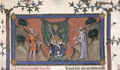 Re Carlo V di Francia in trono con corona, spada e scettro tra un cavaliere e un chierico da French School