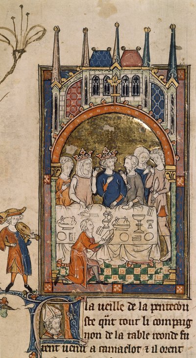 Festa di Re Artù, Re Artù e Ginevra a un banchetto, con un servitore inginocchiato davanti al tavolo che taglia il pane, da 