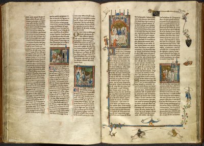 Lancelotto rimuove la testa del nonno decapitato, il re, da un pozzo bollente; un edificio crolla su due cavalieri. A destra, miniatura di Artù e Ginevra seduti a un banchetto, dall