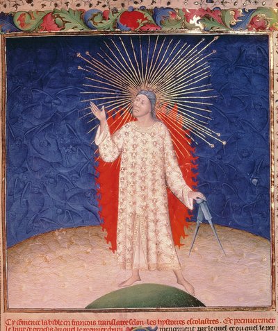 Dio circondato dal fuoco con un paio di compassi, dalla Bibbia Historiale di Guyart des Moulins, c.1411 da French School