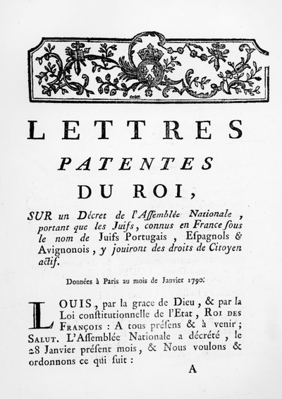 Lettere Patenti Reali che concedono pari diritti agli ebrei portoghesi, spagnoli e avignonesi in Francia, Parigi, 28 gennaio 1790 da French School