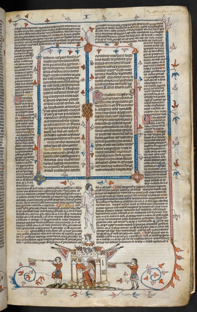 Scena di bas-de-page di un cavaliere a cavallo che emerge da un castello, c.1300-40 da French School