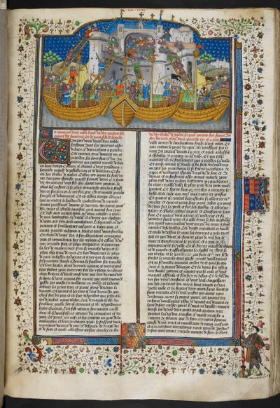 Royal MS 15 E VI, f.207 Miniatura di navi che assediano Corunna, da 