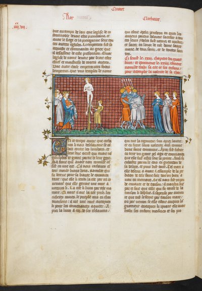 Royal MS 16 G. VI, Morte di Romhilda, le figlie di Romhilda salvano il loro onore (Libro 4, 24), da Les Grandes Chroniques de France da French School