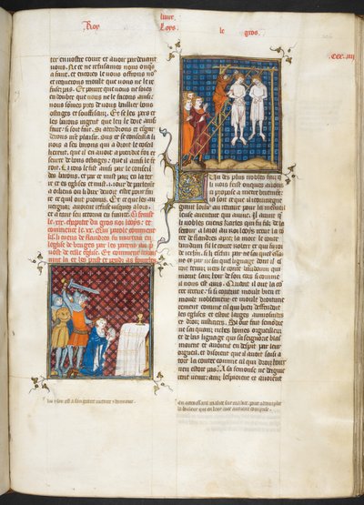Royal MS 16 G. VI, f.306r, Omicidio di Carlo, conte delle Fiandre impiccato (Luigi VI, libro 20), da Les Grandes Chroniques de France da French School