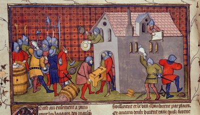 Royal MS 20 CVII f.41v, Saccheggio di una casa (pergamena) da French School