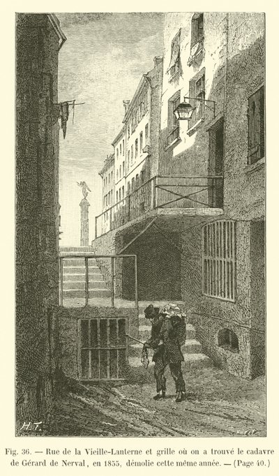 Rue de la Vieille-Lanterne e griglia dove è stato trovato il cadavere di Gérard de Nerval, nel 1855, demolita lo stesso anno da French School