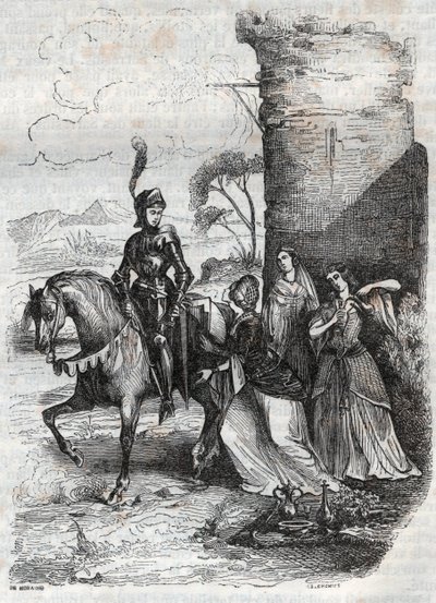 Ruggiero e tre ninfe dalla corte di Alcina - incisione del 1851 dal poema Orlando furioso da French School