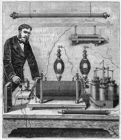 Induttore di Ruhmkorff - La bobina di induzione di Ruhmkorff (Heinrich Daniel Ruhmkorff) - Incisione in "Sciences made available to everyone - physics and chemistry" di Alexis Clerc - Fine XIX secolo - Collezione privata da French School