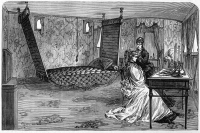 Treno imperiale russo usato dal Duca e dalla Duchessa di Edimburgo nel 1874: il vagone letto. Incisione in "Le Monde Illustré" n.886 del 6 aprile 1874 da French School