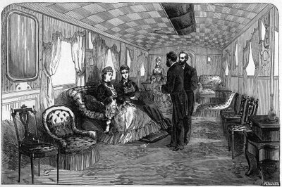 Treno imperiale russo usato dal Duca e dalla Duchessa di Edimburgo nel 1874: il vagone salone. Incisione in "Le Monde Illustré" n.886 del 6 aprile 1874 da French School