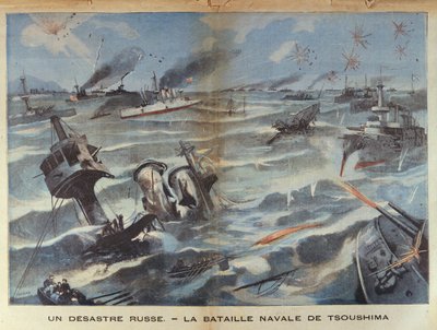 Disastro navale russo durante la battaglia di Tsushima nel 1905, illustrazione da Le Petit Parisien da French School