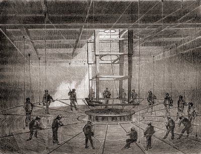 Marinai e operai che avvolgono il cavo telegrafico transatlantico nei serbatoi di sentina della S.S. Great Eastern da French School