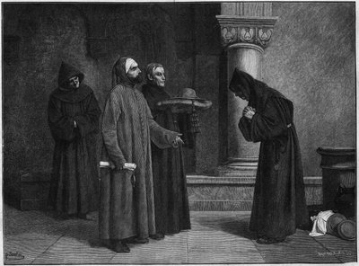 San Bonaventura (Giovanni di Fidanza, noto come Dottore Serafico, San Bonaventura) (1221-1274) riceve il cappello cardinalizio. Fu consacrato Cardinale-Vescovo di Albano nel 1273 da Gregorio X nel 1273. Incisione di Bauchart dal dipinto di Santar da French School