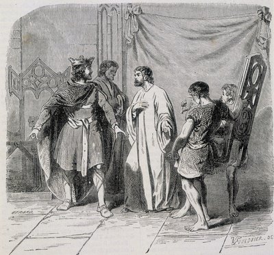 San Eloi e Dagoberto: Dagoberto fu stupito quando Eloi gli presentò la seconda poltrona - incisione XIX secolo da French School