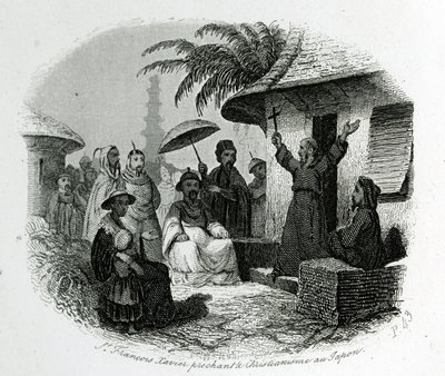 San Francesco Saverio che predica il cristianesimo in Giappone. Incisione per illustrare Storia e Descrizione del Giappone di Padre de Charlevoix, A.Mame et Compagnie editori, Tours da French School