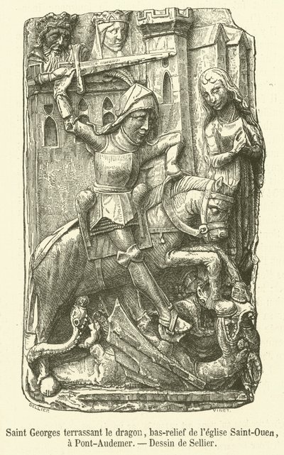 San Giorgio che uccide il drago, bassorilievo della chiesa di Saint-Ouen, a Pont-Audemer da French School