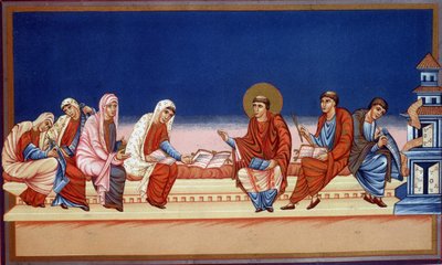 San Girolamo che spiega il Vangelo a Eustochia e Paola, IX secolo da French School