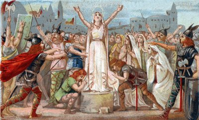 Santa Genoveffa, organizzò la difesa di Parigi contro le orde degli Unni di Attila e rassicurò il popolo di Parigi nel 451. Cromolitografia della fine del XIX secolo. da French School