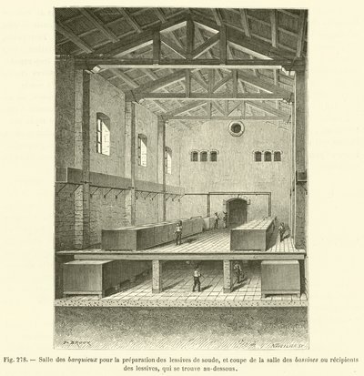 Sala dei barquieux per la preparazione delle liscive di soda, e sezione della sala delle bacinelle da French School
