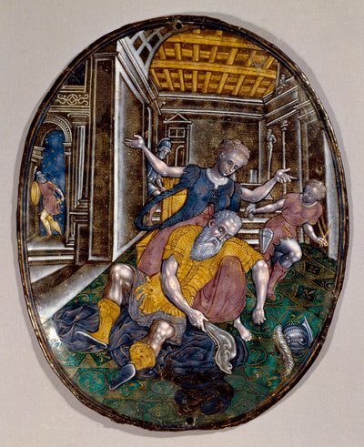 Sansone e Dalila: Sansone perde la forza dopo che Dalila gli taglia i capelli. Libretto di Limoges. Circa 1575. Londra, Victoria and Albert Museum da French School