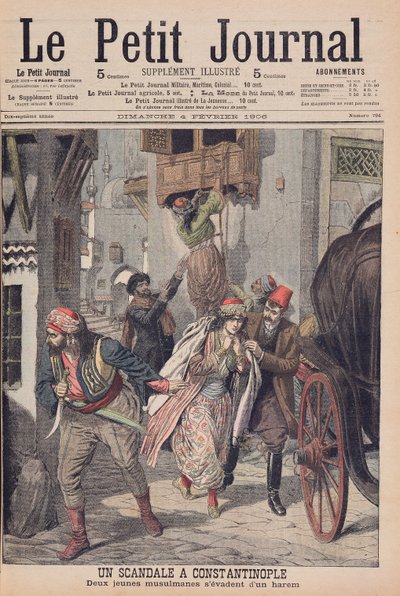 Scandalo a Costantinopoli, due giovani musulmane che fuggono da un harem, illustrazione da 