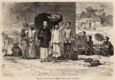 Scena del mercato di Saigon, incisione da un disegno di D. Maillard, illustrazione del viaggio in Cocincina, del Dottor Morice, nel 1872, pubblicato in "Le tour du monde" 1875, a cura di Edouard Charton, edizione Hachette, Parigi. Collezione Selva. da French School