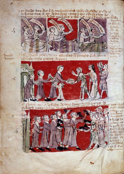 Scena di vita studentesca al Collegio Hubant o Ave Maria a Parigi. Scene di vita studentesca e regolamenti del collegio. Strisce 4-6. Pagina manoscritta del Libro degli statuti del Collegio di Hubant o dell