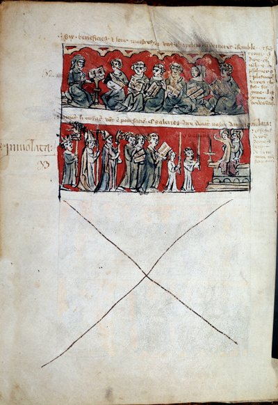 Scena di vita studentesca al Collegio Hubant o Ave Maria a Parigi. Scene di vita studentesca (preghiere) e regolamenti del collegio. Strisce 32-33. Pagina manoscritta del Libro degli statuti del Collegio di Hubant o dell