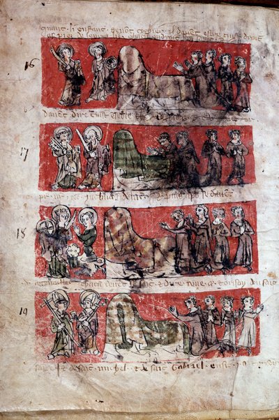 Scena di vita studentesca al Collegio Hubant o Ave Maria a Parigi. Scene di vita studentesca (rappresentazioni di evangelisti) e regolamenti del collegio. Strisce 16-19. Pagina manoscritta del Libro degli statuti del Collegio di Hubant o dell