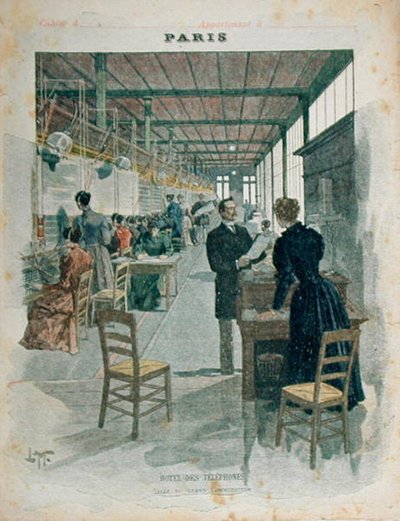 Copertina di quaderno scolastico che mostra gli operatori al Bureau Central de l